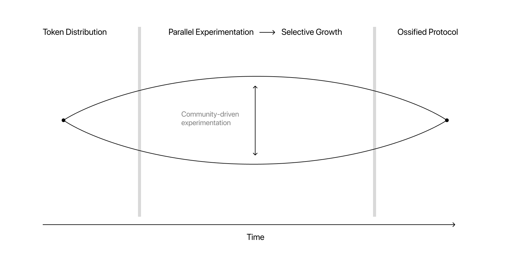 Diamond-shaped protocol growth cycle. Experimentation grows with adoption, then slows down with ossification 